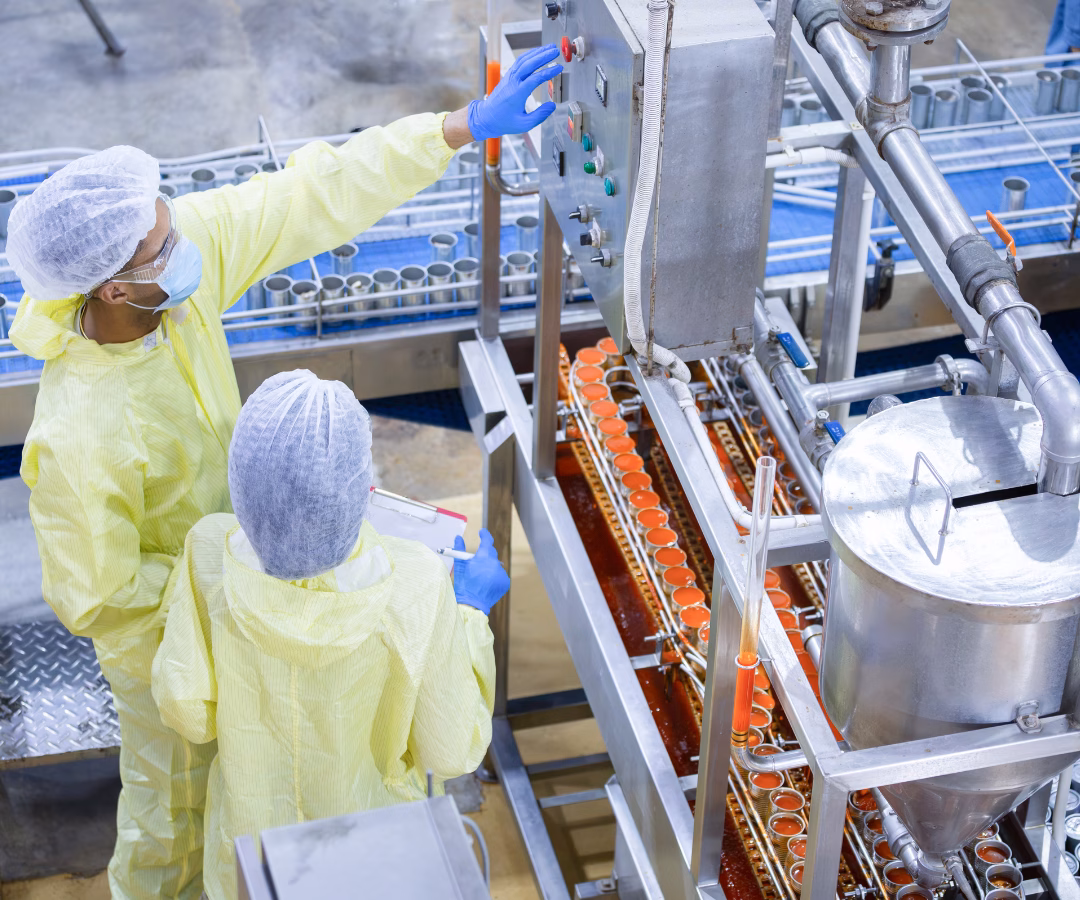 workers in a food processing factory use liquid filtration techniques