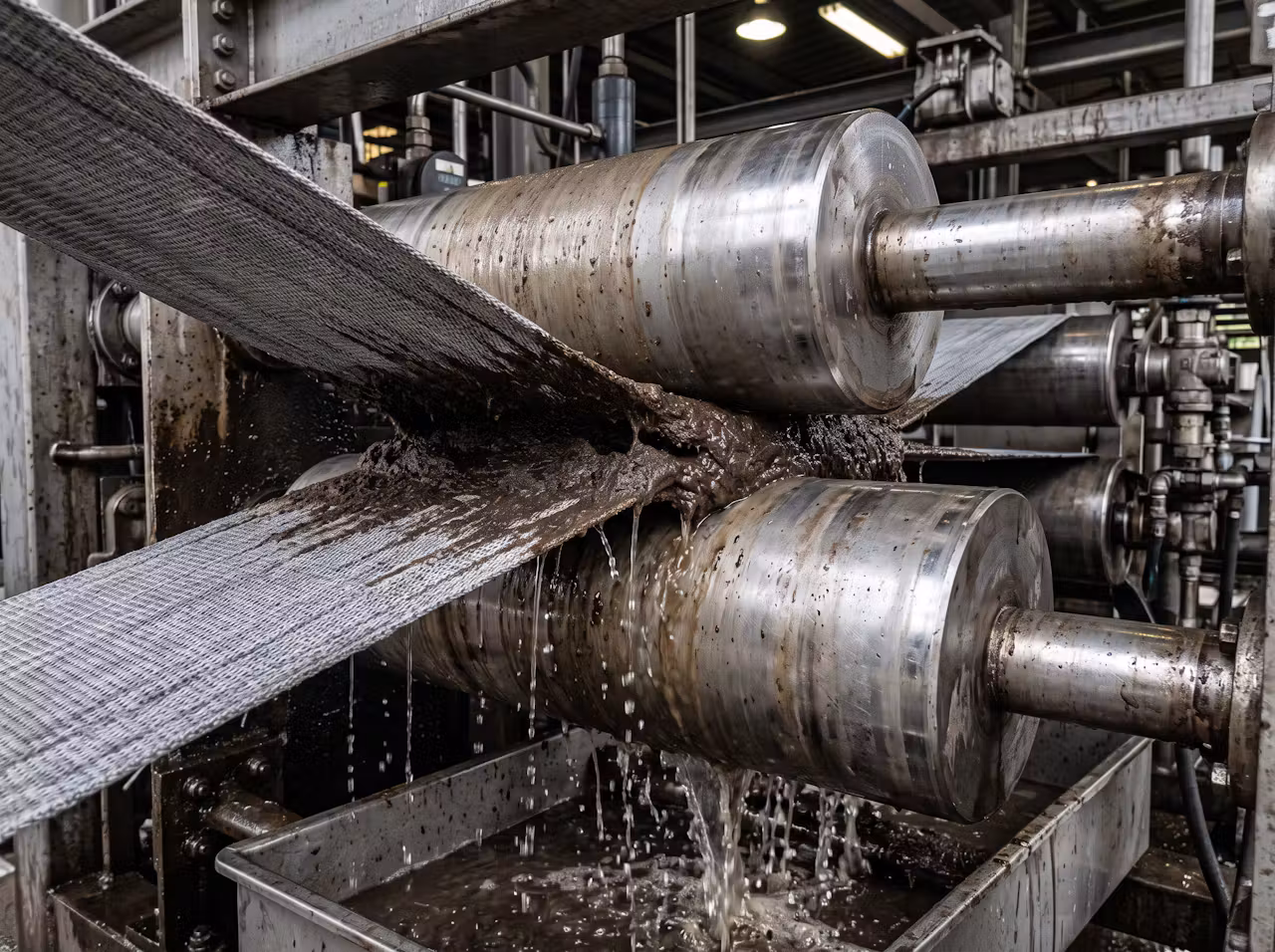 Woven filter belts squeezing sludge over steel rollers on a belt filter press with filtrate draining below