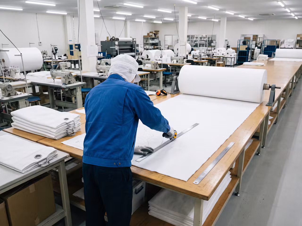 Technician cutting white filter felt from a roll to fabricate custom liquid filter bags