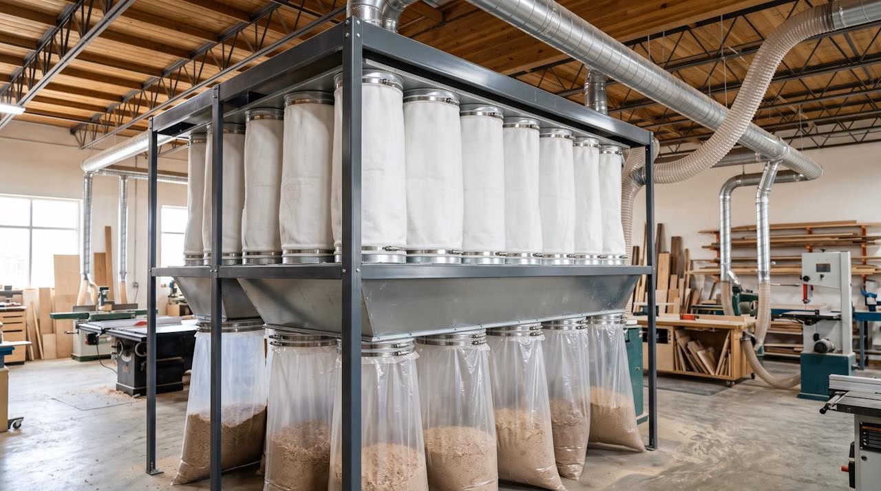 Dust collector bags clamped to a multi bag collector