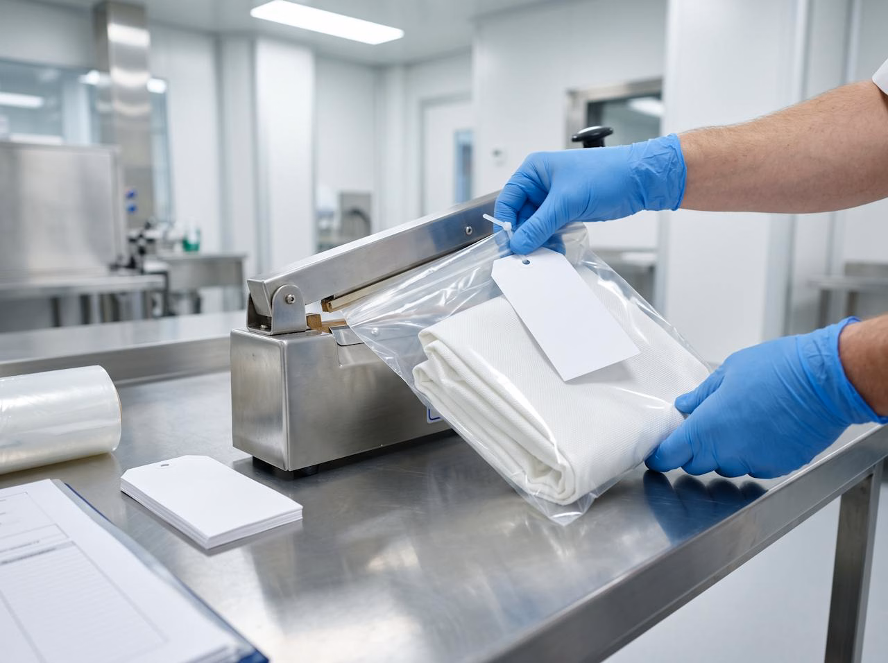 Fluid bed dryer filter bag being sealed and tagged after inspection for pharmaceutical use