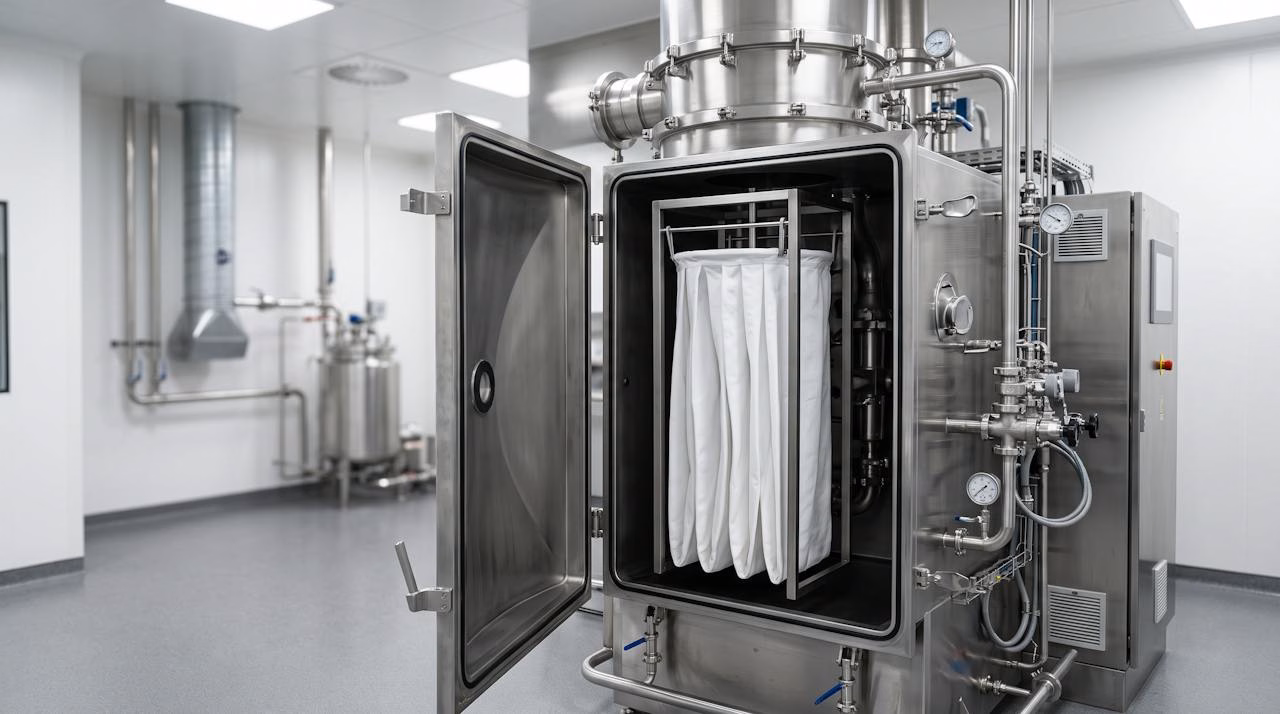 Fluid bed dryer with filter bag in a pharmaceutical suite
