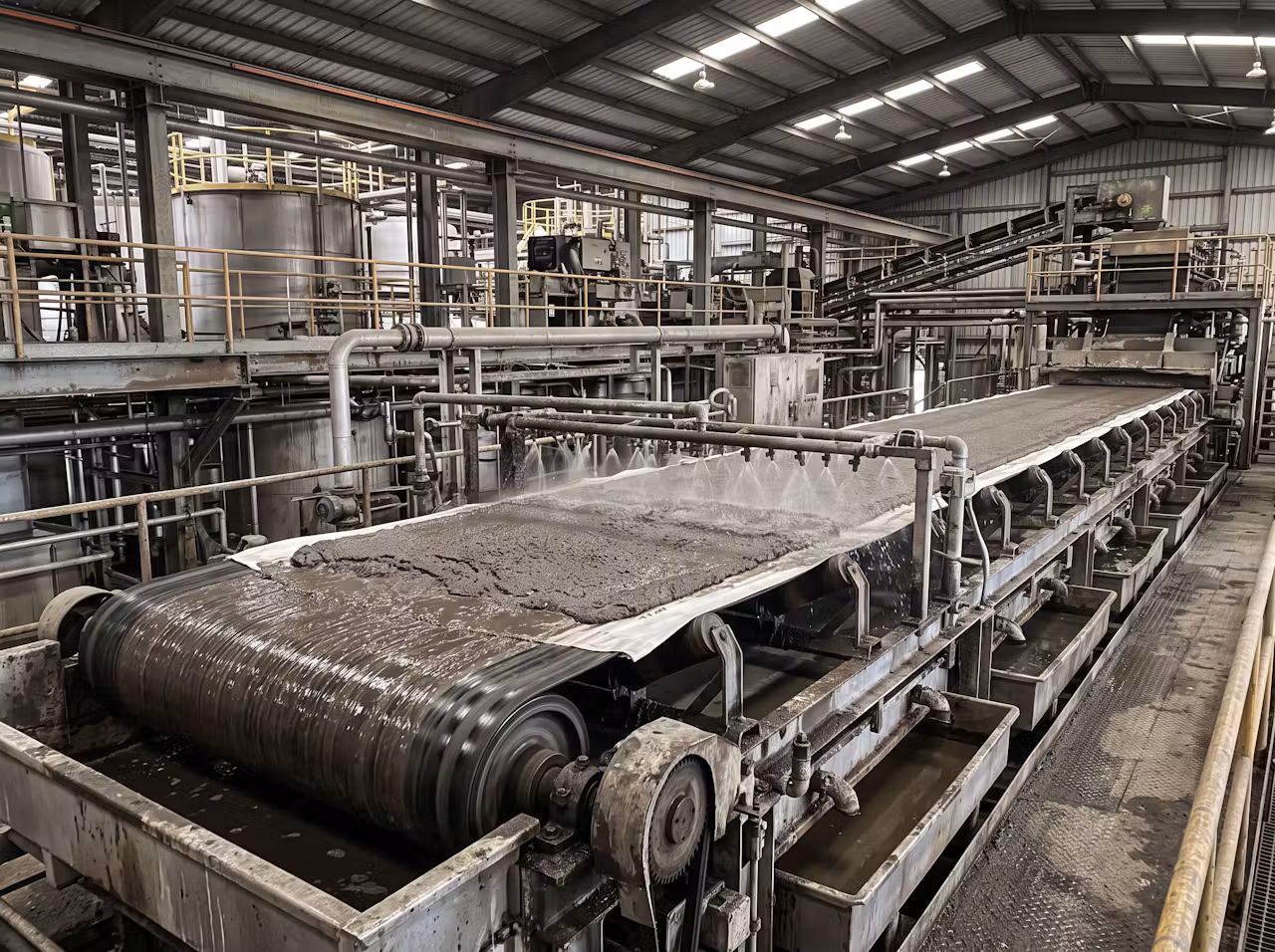 Horizontal vacuum belt filter with filter cloth carrying wet slurry along a carrier belt in a processing plant