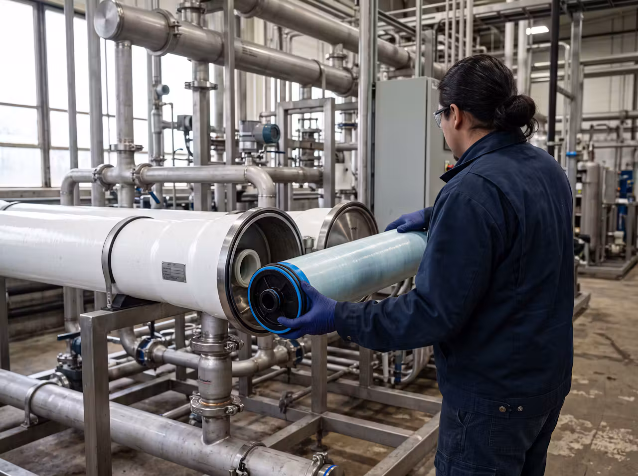 Technician loading a reverse osmosis membrane element into a fiberglass pressure vessel