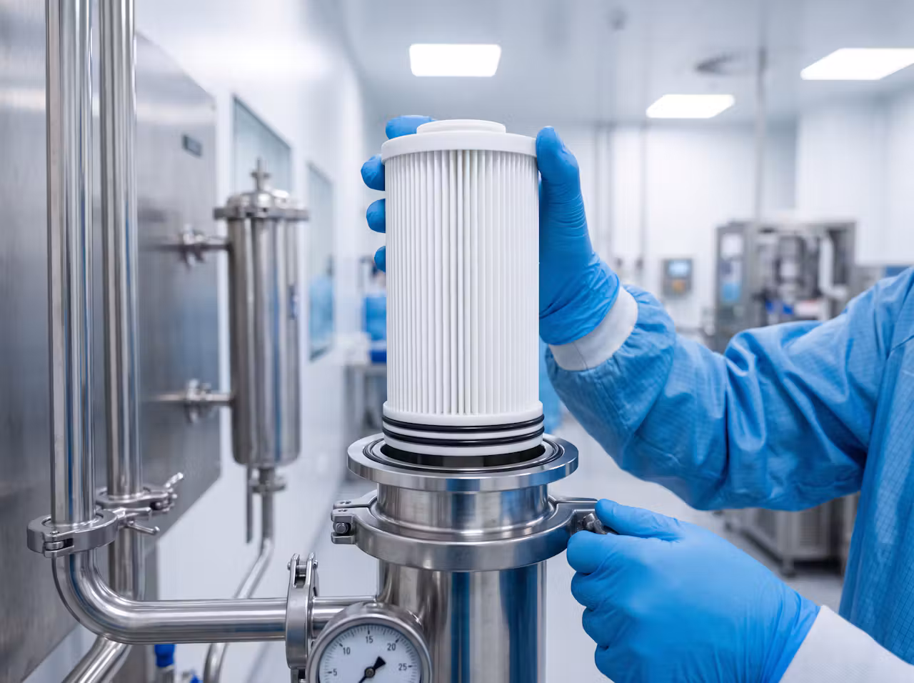 Gloved hands installing a membrane filter cartridge into a stainless steel sanitary filter housing