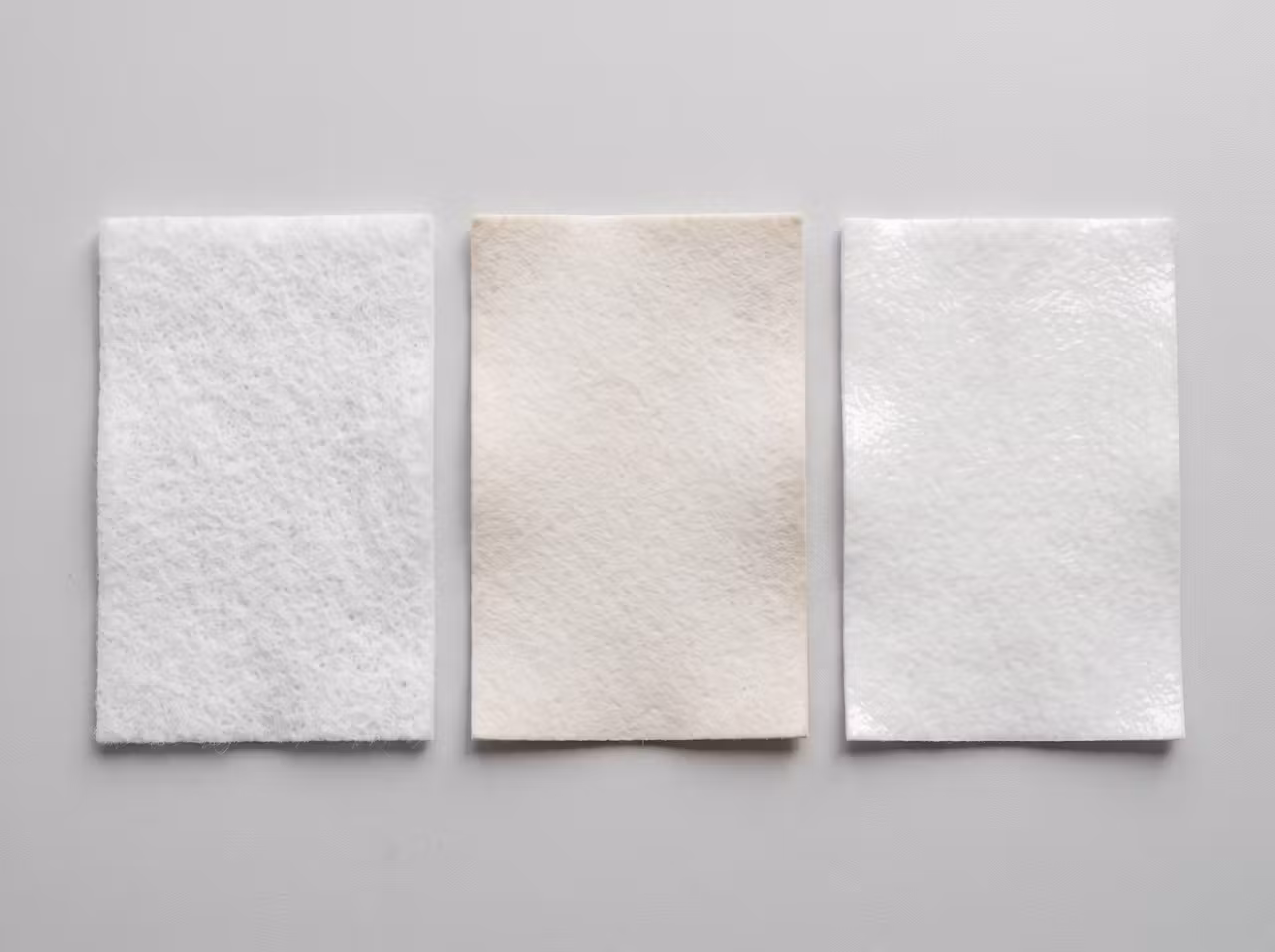 Swatches of plain, singed and glazed needle felt liquid filter media side by side