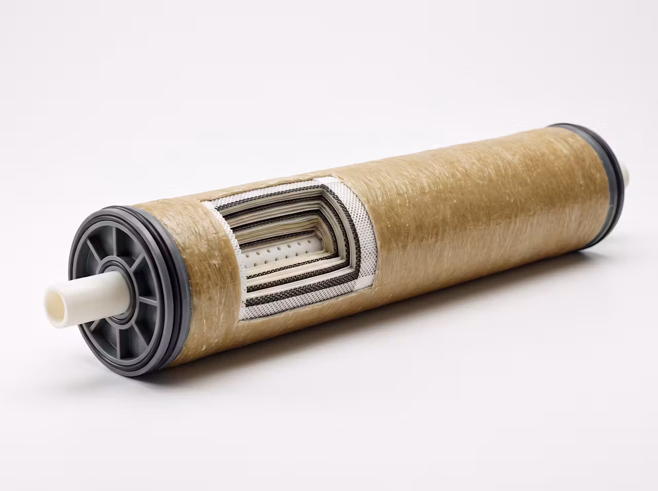 Spiral wound 8 inch reverse osmosis membrane element with cutaway of membrane layers