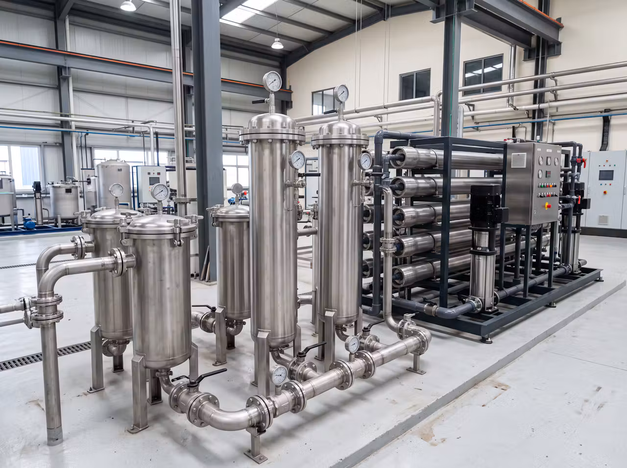 Industrial cartridge filter housings and bag filter vessels used as reverse osmosis pretreatment