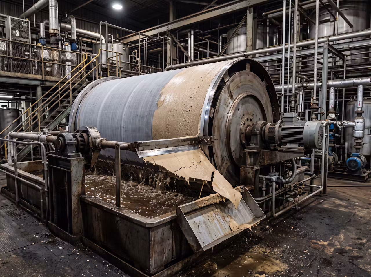 Rotary vacuum drum filter covered with filter cloth turning through a slurry trough with cake discharging